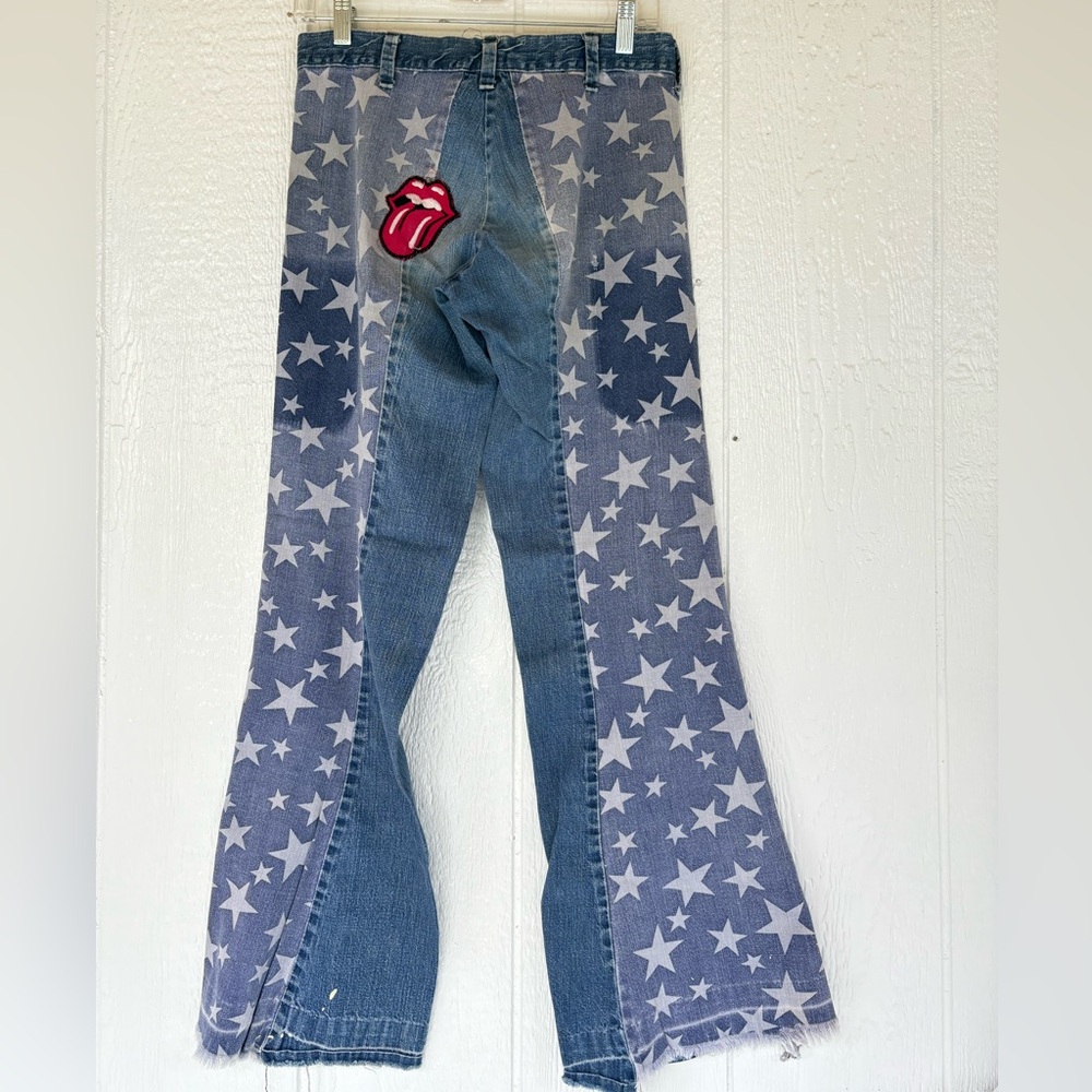 Vintage up cycled  70s jeans XXS Star Patterned Flared Bell bottom jeans